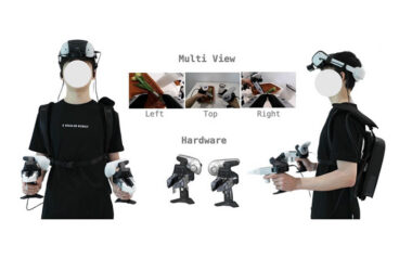 front and side images of a researcher equipped with AI training devices.
