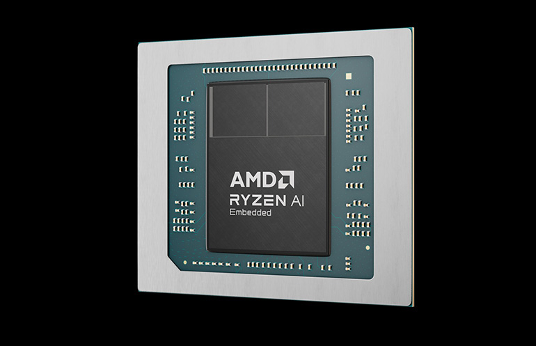 A close-up rendering shows an AMD Ryzen AI Embedded X100 Series processor. The processor family optimized for physical AI applications was announced at Advancing AI 2026. (Credit: AMD)