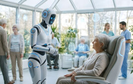 A humanoid robot in elder care. Coherence Guard is designed to be a relational layer in service robot behavior, says Palm Garden AI.