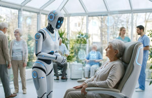 A humanoid robot in elder care. Coherence Guard is designed to be a relational layer in service robot behavior, says Palm Garden AI.
