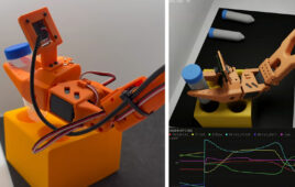 Two robot arms, each picking up a vial.