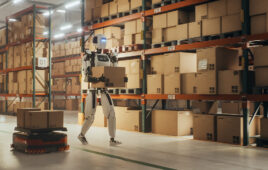 A humanoid robot carrying a box.