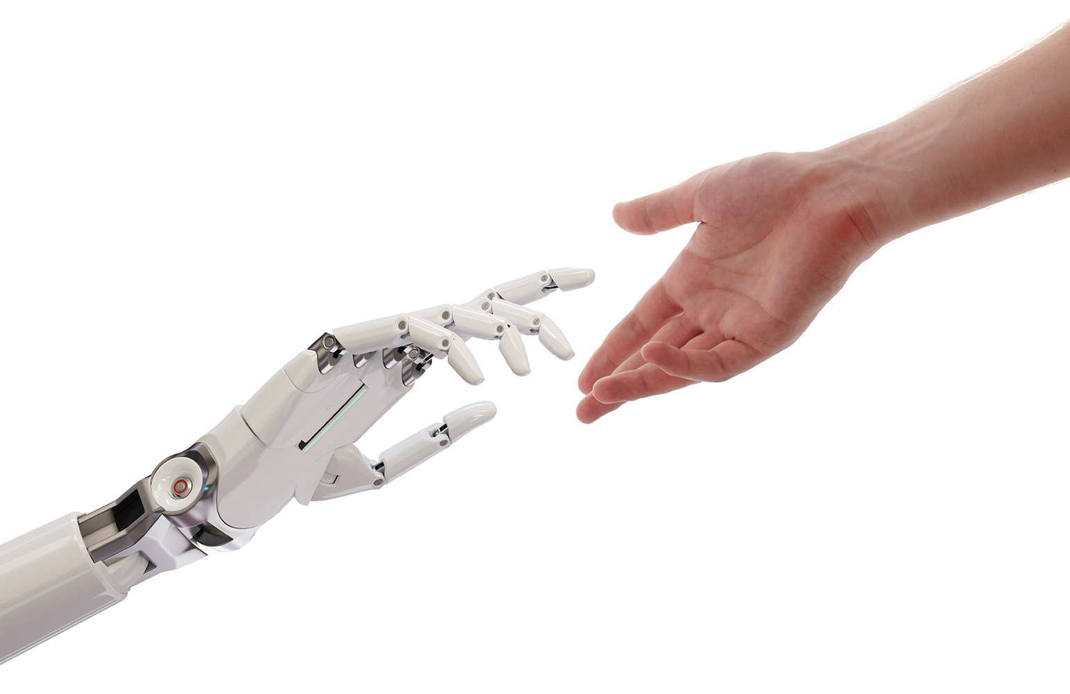 A robot hand reaching out to a human hand.