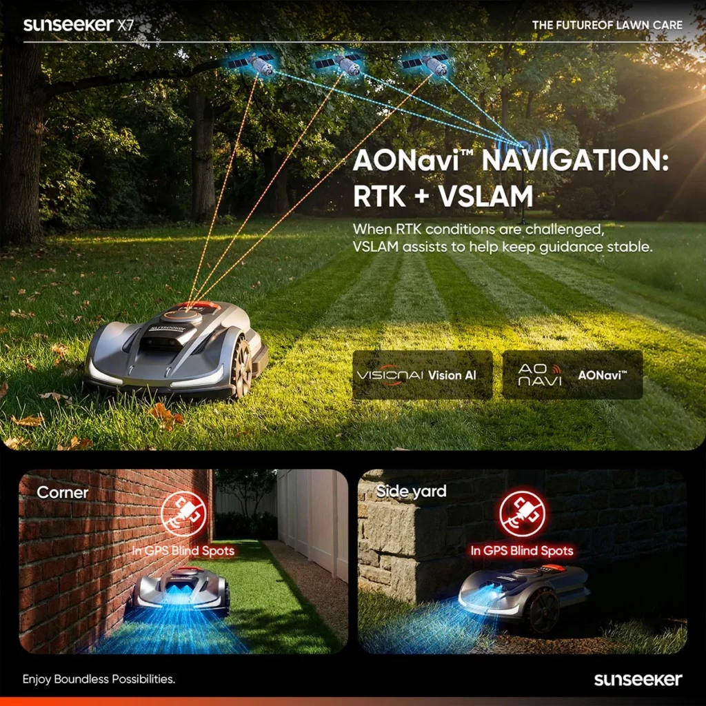 Sunseeker uses a combination of technologies for navigation in its robotic lawn mowers.