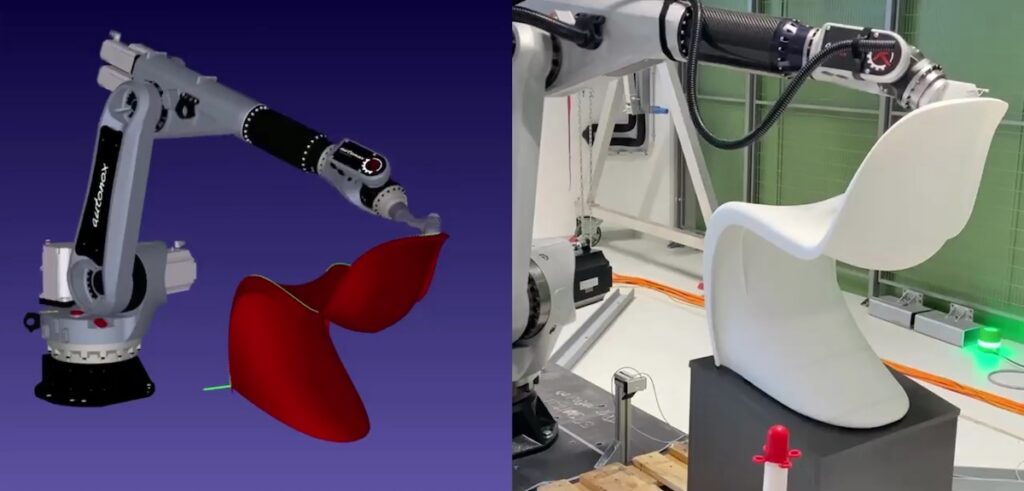 This side-by-side image shows how digital twin and offline programming software like RoboDK can provide highly accurate simulations (left) of real-world automation applications.