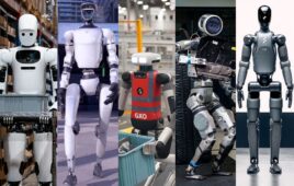 From left to right: Apptronik's Apollo, Unitree's G2, Agility's Digit, Boston Dynamics' Atlas, and Figure AI's Figure 03.