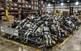 Humanoid robots stacked in a pile in a warehouse.