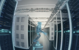 wheeled agility digit robot illustration in a datacenter.