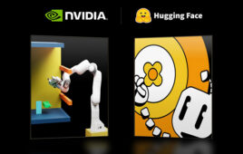 NVIDIA robotics in simulation and a Hugging Face logo. NVIDIA is acquiring the open development platform.