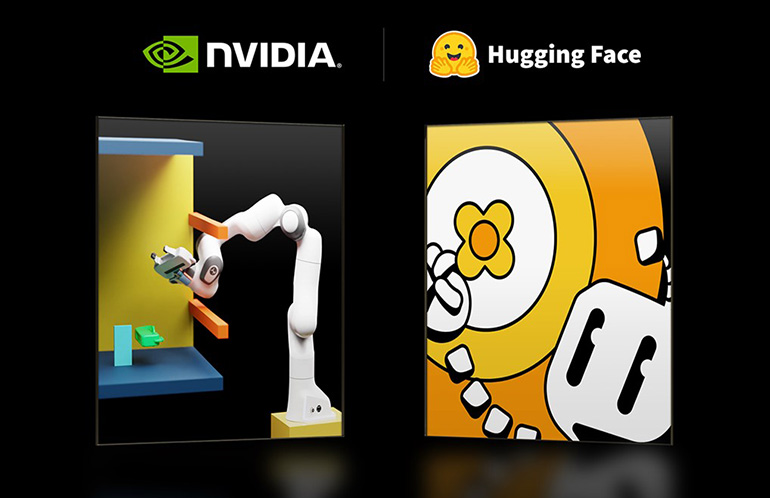 NVIDIA robotics in simulation and a Hugging Face logo. NVIDIA is acquiring the open development platform.