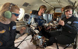Icarus co-founder and CTO Jaime Palmer (center) with the Icarus team testing Joy on a parabolic flight.