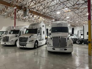 PlusAI autonomous trucks at its testing facility in Fremont, Calif.