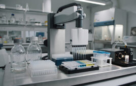A robotic liquid handling system performing automated tests in a lab.
