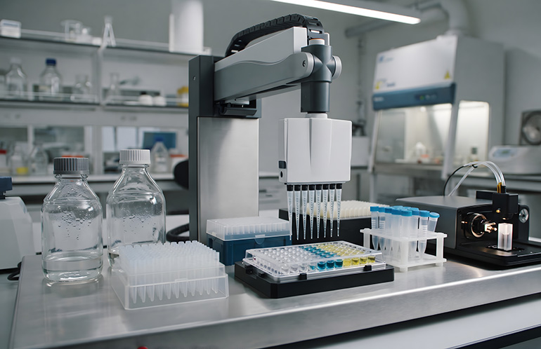 A robotic liquid handling system performing automated tests in a lab.