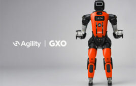 Logos of Agility Robotics and GXO Logistics superimposed over a humanoid robot.