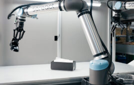 At Zalando's fulfillment centers in Germany and Poland, Sereact and Universal Robots now autonomously process returned fashion items, in this case the robot is picking a black women's shoe.