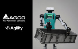 Agility Robot holding a bin next to an AGCO and Agility logo.