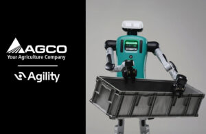 Agility Robot holding a bin next to an AGCO and Agility logo.