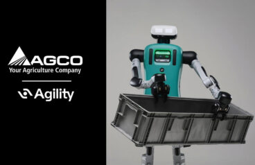 Agility Robot holding a bin next to an AGCO and Agility logo.