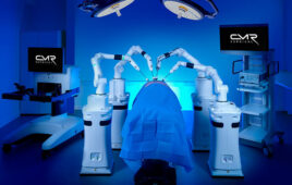 CMR Surgical's Versius platform in an OR, it features four carts with robotic arms.