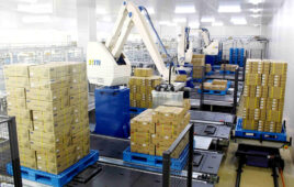 A robot arm palletizing packages.
