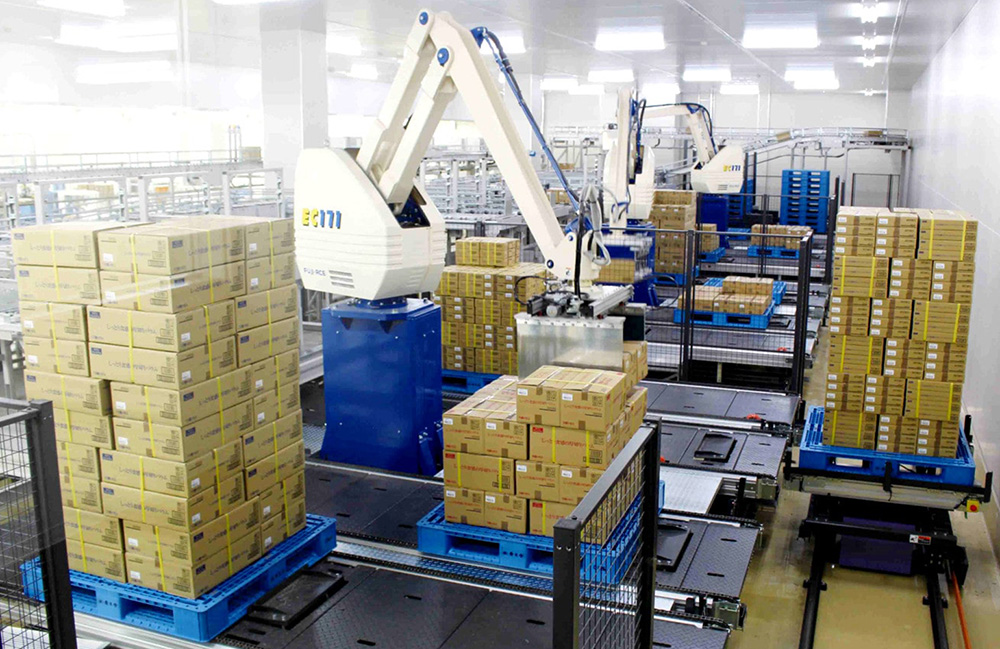 A robot arm palletizing packages.