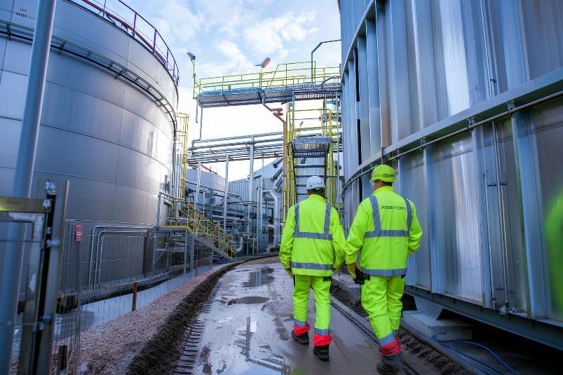Two people walking on an industrial site.