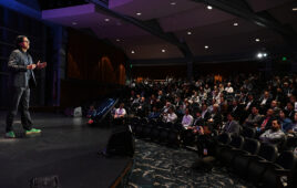 Deepu Talla, NVIDIA's VP of robotics and edge AI, giving the opening talk at RoboBusiness 2025.