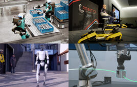 Four images representing the top stories of the month: two Digit robots handling parts, Marc Raibert onstage at the Robotics Summit with Steve Crowe, Unitree's humanoid robot walking, and a robot arm picking a box.